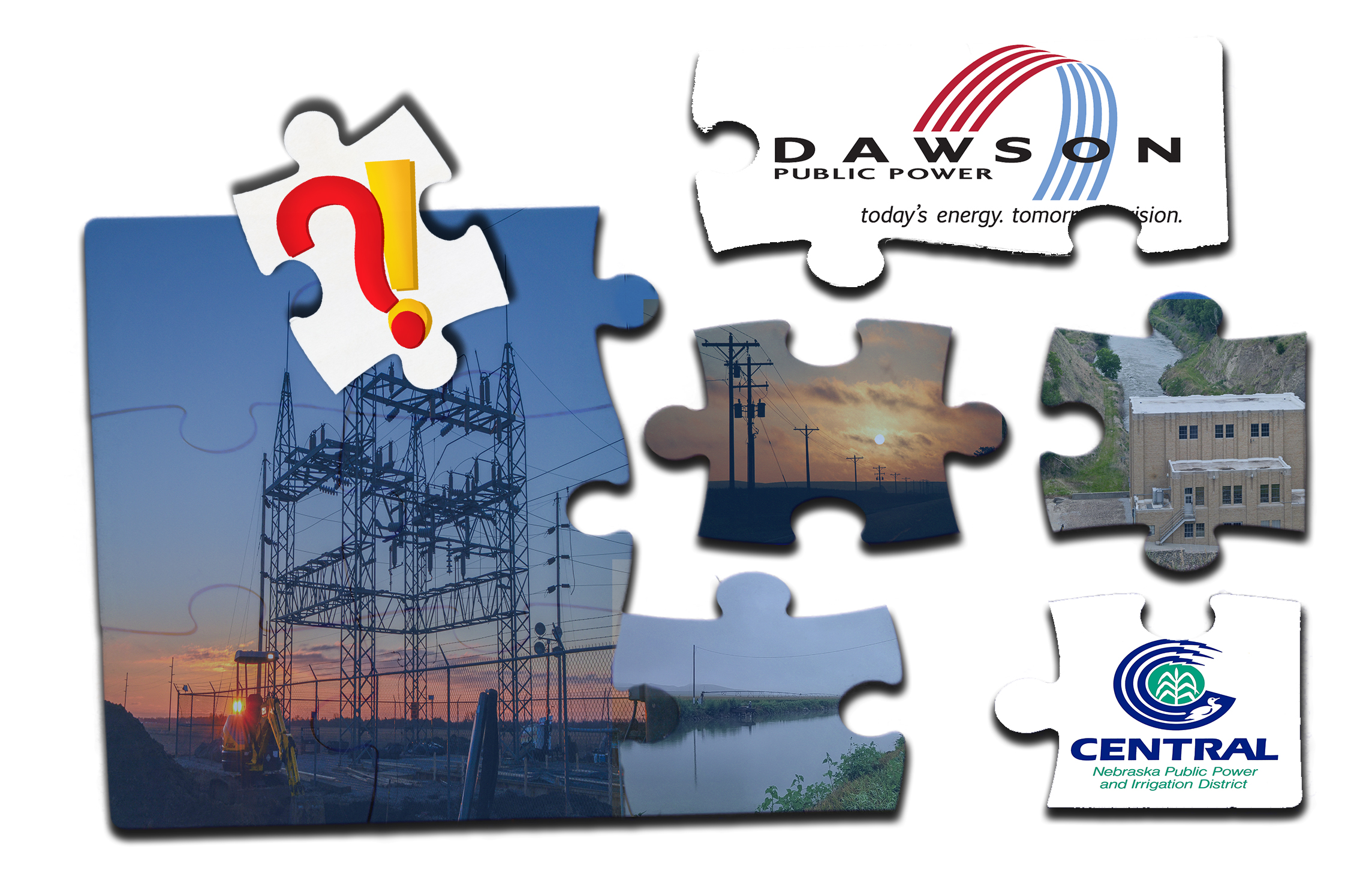 Graphic depicting 13 puzzle pieces coming together to symbolize the potential merger between Dawson PPD and The Central Nebraska Public Power and Irrigation District.