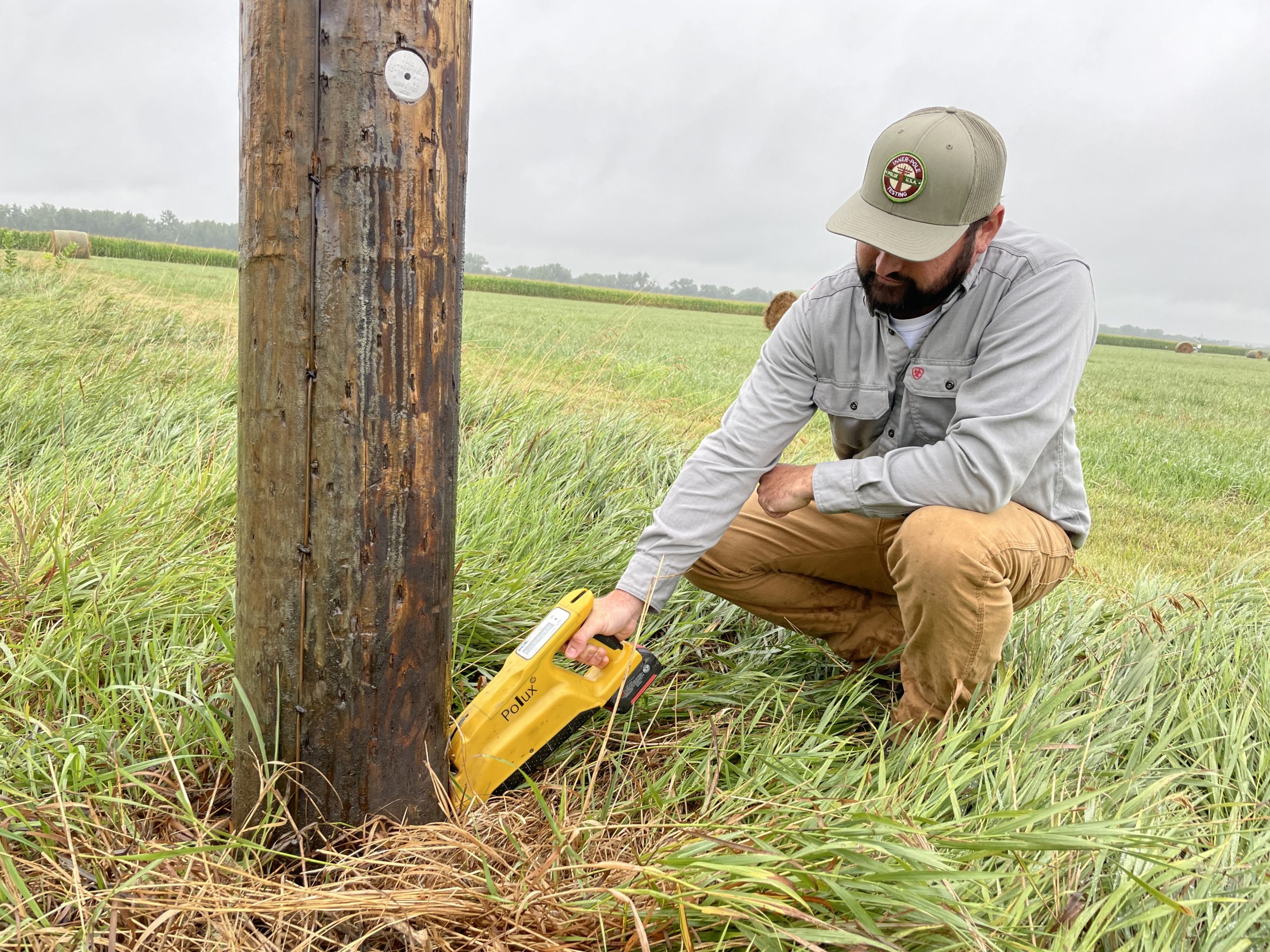 Picture of a man using a device to check for wood decay on a utility pole.