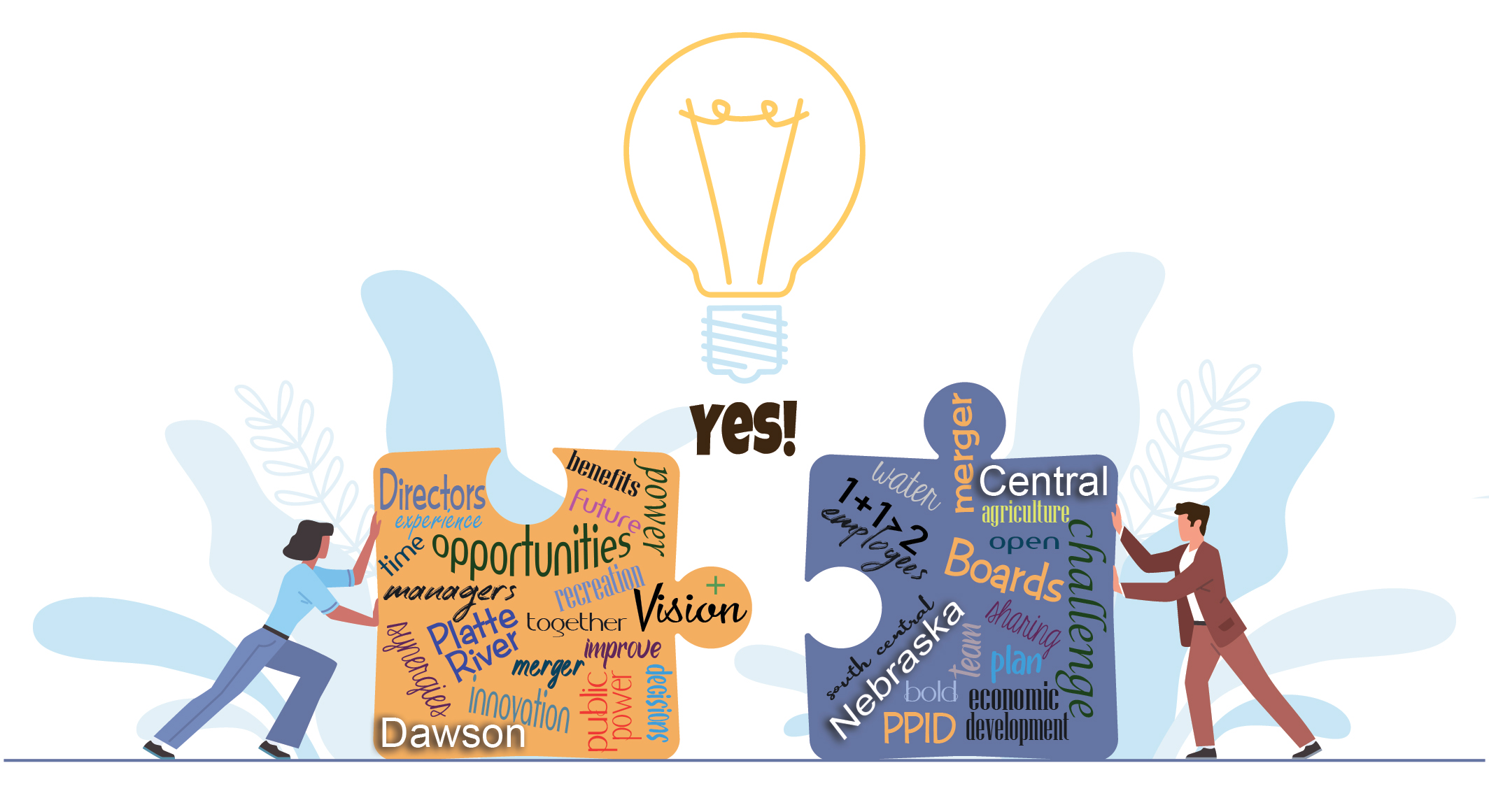 Illustration of two people representing both Dawson PPD and CNPPID pushing together two puzzle pieces to fit. A light bulb and the word "yes!" is above the puzzle.